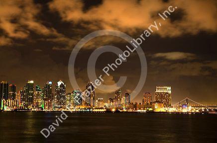 San Diego skyline at night in Southern California, USA.