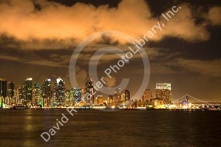 San Diego skyline at night in Southern California, USA.