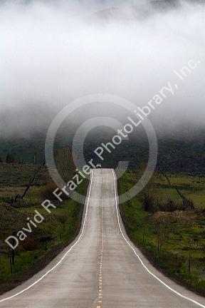 Misty spring morning along U.S. Route 20 in Camas County, Idaho, USA.