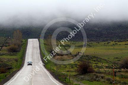 Misty spring morning along U.S. Route 20 in Camas County, Idaho, USA.