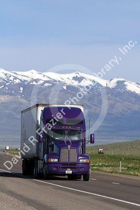 Long haul truck traveling on Interstate 84 near the Idaho/Utah state border, USA.