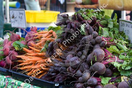 Fresh produce being sold at a farmers market in Boise, Idaho, USA.