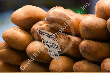 Fresh baked bread being sold at a farmers market in Boise, Idaho, USA.