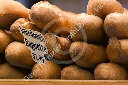 Fresh baked bread being sold at a farmers market in Boise, Idaho, USA.