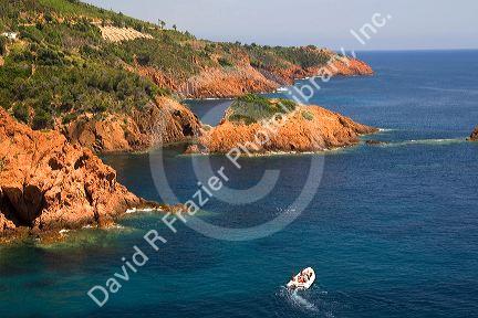 Pleasure boat on the coast of the Mediterranean Sea near Frejus in Southern France.
