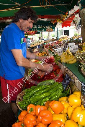 French vendor stocking produce at an outdoor market in Sanary sur Mer, Southern France.