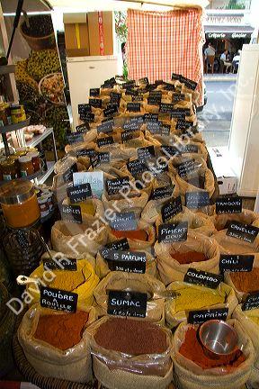 Spices being sold at an outdoor market in Sanary sur Mer, Southern France.