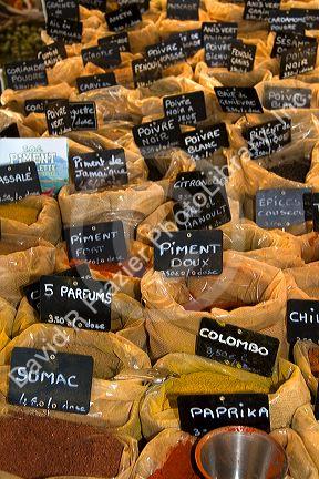 Spices being sold at an outdoor market in Sanary sur Mer, Southern France.