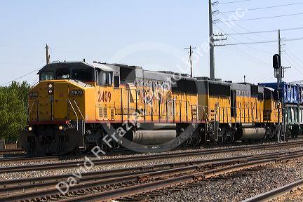 Union Pacific locomotive engines being stored at a rail yard in Nampa, Idaho, USA.