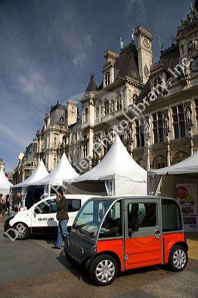 Electric concept car public exhibition in front of the Hotel de Ville in Paris, France.