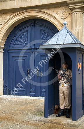 Military of Luxembourg soldier guarding the Grand Ducal Palace in Luxembourg City, Luxembourg.