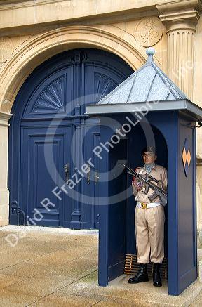 Military of Luxembourg soldier guarding the Grand Ducal Palace in Luxembourg City, Luxembourg.