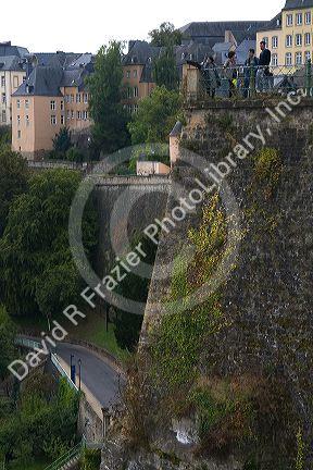 The Grund quarter along the Alzette River in central Luxembourg City, Luxembourg.