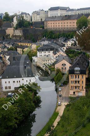 The Grund quarter along the Alzette River in central Luxembourg City, Luxembourg.