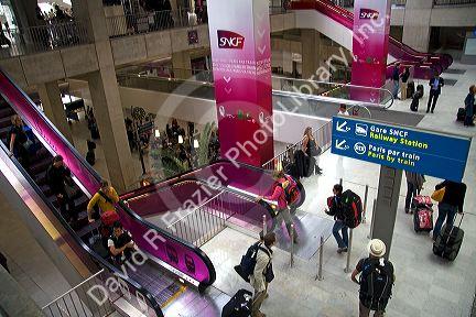 Escalator and RER Train Station located in the Paris-Charles de Gaulle Airport, Paris, France.