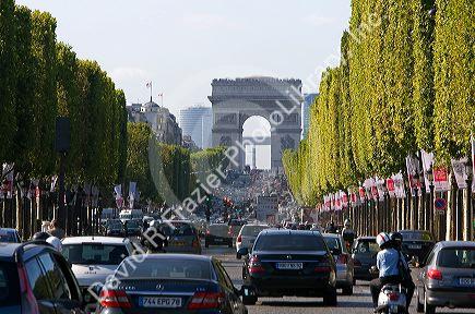 The Arch de Triomphe at the west end of the Avenue des Champs-Elysees in Paris, France.