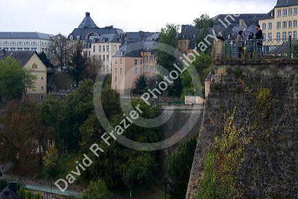 The Grund quarter along the Alzette River in central Luxembourg City, Luxembourg.