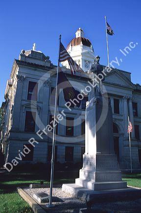 Courthouse with dome and statue of civil war soldier in Seward, Nebraska.