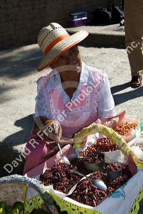 Street vendor selling fried grasshoppers in Cholula, Puebla, Mexico.