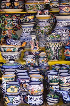 Talavera pottery being sold at an outdoor market in the city of Puebla, Puebla, Mexico.