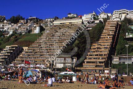 Creative housing architecture along the beach at Vina del Mar, Chile.