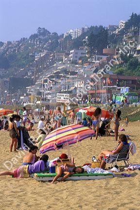 Crowded beach scene at Vina del Mar, Chile.