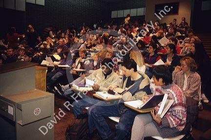 A lecture hall filled with students at Boise State University in Boise, Idaho.