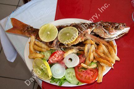 Red snapper fish dinner at a restaurant in the Manuel Antonio National Park in Puntarenas province, Costa Rica.