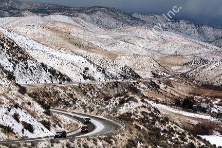 Winter weather driving on icy roads in the foothills near Boise, Idaho, USA.