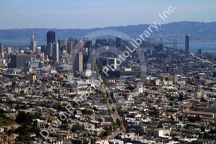 View of the city and Market Street from Twin Peaks in San Francisco, California, USA.
