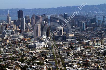 View of the city and Market Street from Twin Peaks in San Francisco, California, USA.