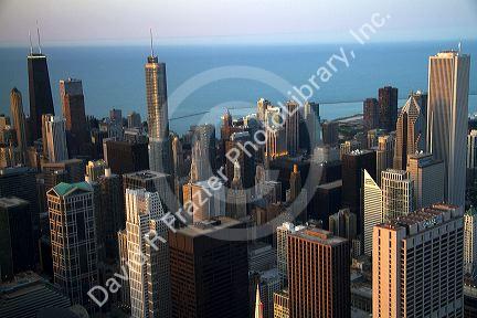 Aerial view of the city and Lake Michigan waterfront from the Willis Tower in Chicago, Illinois, USA.