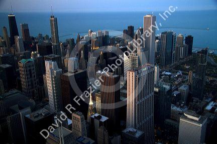 Aerial view of the city and Lake Michigan waterfront from the Willis Tower in Chicago, Illinois, USA.
