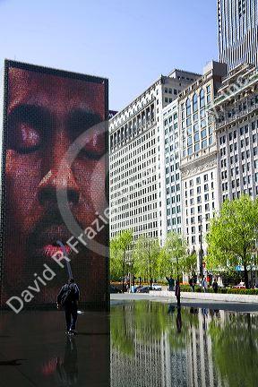 The Crown Fountain interactive public art and video sculpture in Millennium Park, Chicago, Illinois, USA.