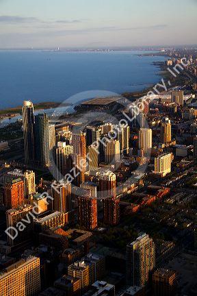 Aerial view of the city and Lake Michigan waterfront from the Willis Tower in Chicago, Illinois, USA.