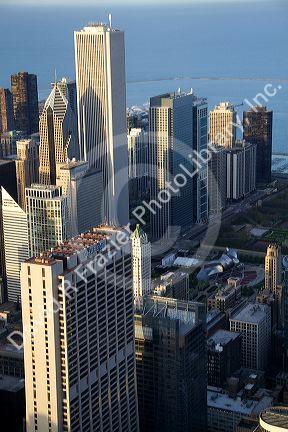 Aerial view of the city and Lake Michigan waterfront from the Willis Tower in Chicago, Illinois, USA.