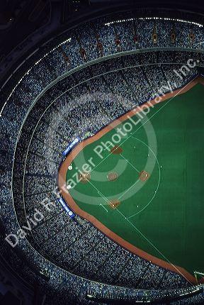 An aerial view of the interior baseball field and stands of the Skydome in Toronto, Ontario, Canda.