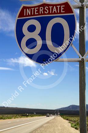 Interstate 80 road sign in northeast Nevada, USA.