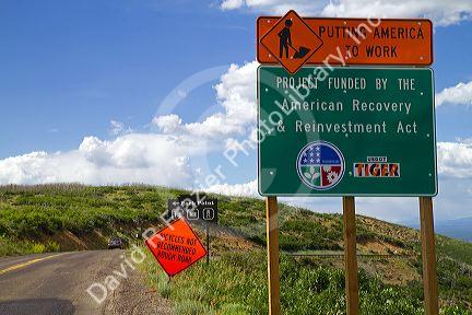 American Recovery and Reinvestment funded road work sign within the Mesa Verde National Park, Colorado, USA.