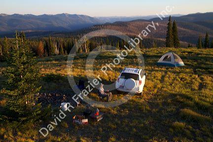 Tent camping at the summit of Green Mountain along the historic Magruder Corridor road that devides the Frannk Church-River of No Return Wilderness Area and the Selway-Bitterwoot Wilderness in Idaho, USA.