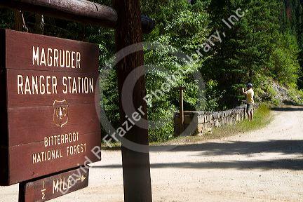 Sign for the Magruder Ranger Station along the historic Magruder Corridor road that devides the Frannk Church-River of No Return Wilderness Area and the Selway-Bitterwoot Wilderness in Idaho, USA.