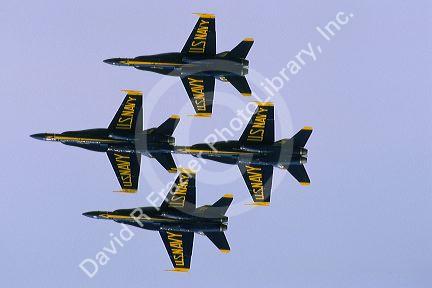 The Blue Angels F/A-18 Hornets fly in formation.