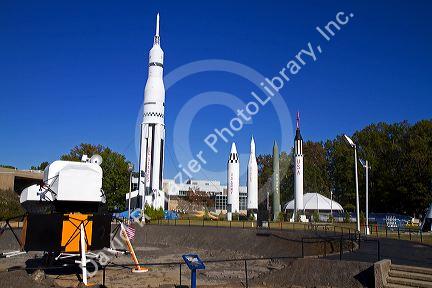 Saturn V mock-up and various rockets on display at the U.S. Space and Rocket Center located in Huntsville, Alabama, USA.