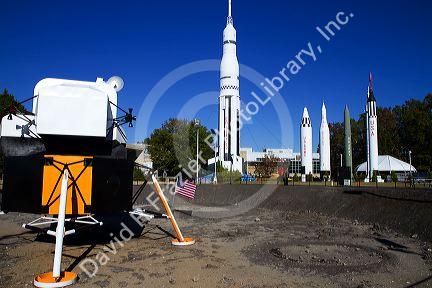 Saturn V mock-up and various rockets on display at the U.S. Space and Rocket Center located in Huntsville, Alabama, USA.