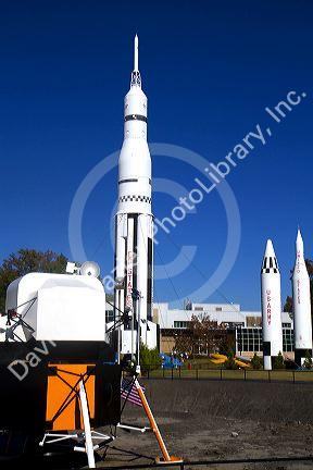 Saturn V mock-up and various rockets on display at the U.S. Space and Rocket Center located in Huntsville, Alabama, USA.