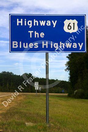 Road sign marking US Highway 61, The Blues Highway at the Mississippi and Louisiana border.