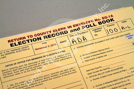 Election Record and Poll Book at a polling place in Boise, Idaho, USA.