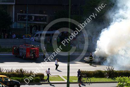 Car fire on Avenida 9 de Julio in Buenos Aires, Argentina.