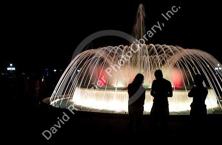 Water fountains light up at night in the Magic Circuit of Water park in Lima, Peru.