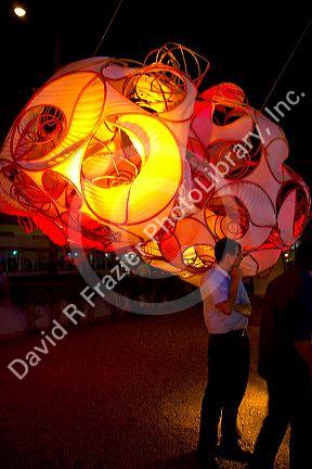 Lighted art sculptures on display at the cultural center of the Ricardo Palma University in the Miraflores district of Lima, Peru.